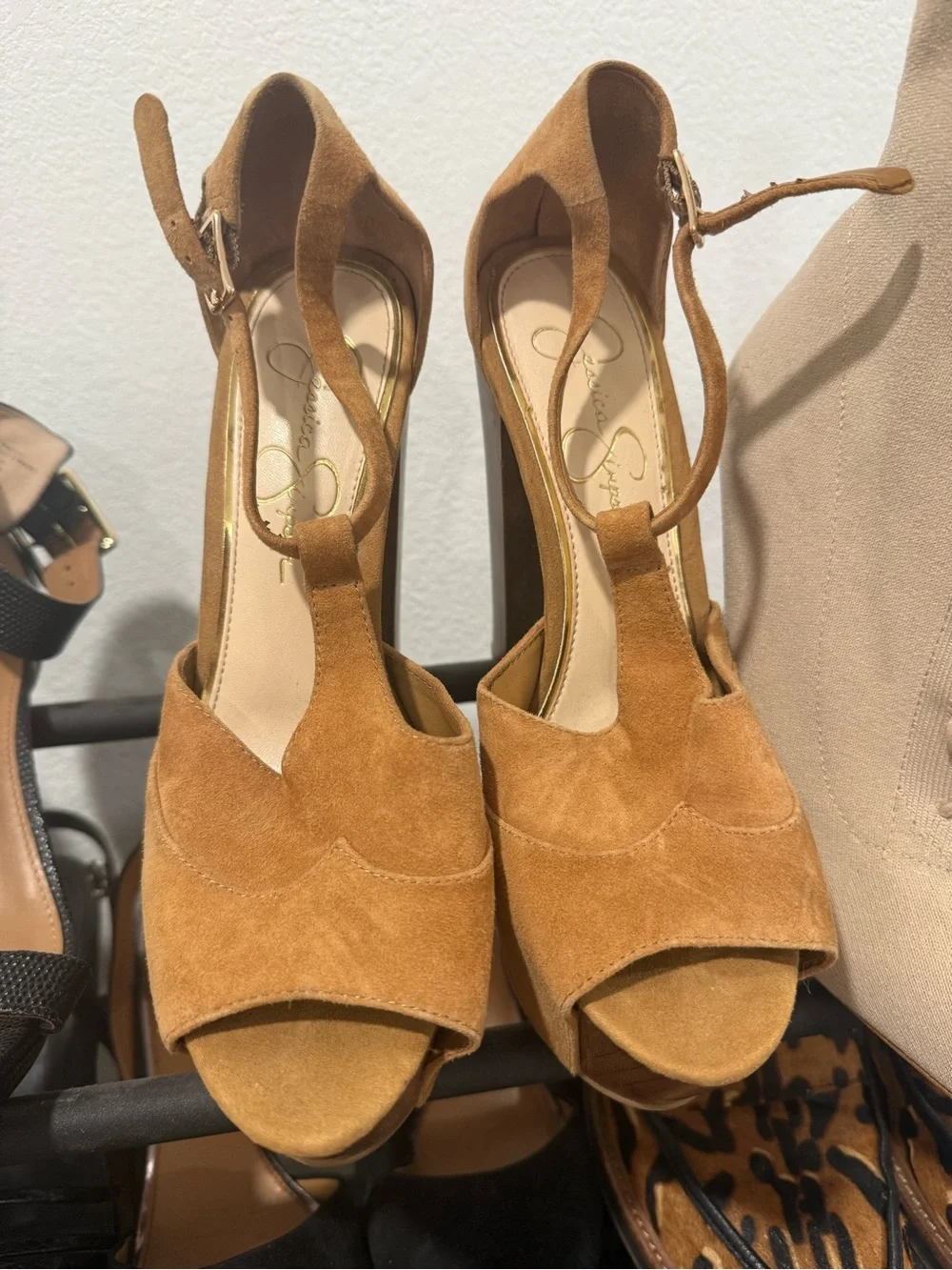 Jessica Simpson Tan Suede Platform Peep-Toe Heels